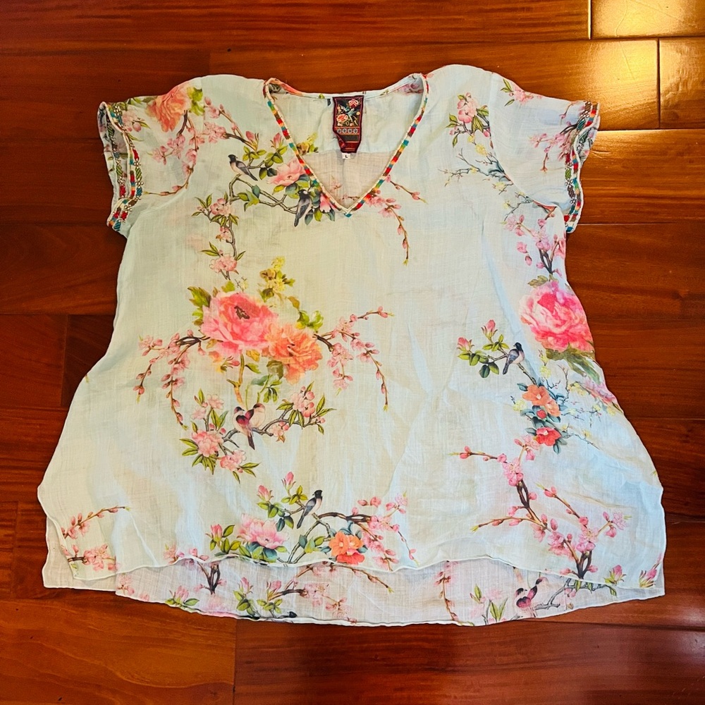 Johnny Was Light Blue Floral V-Neck Blouse